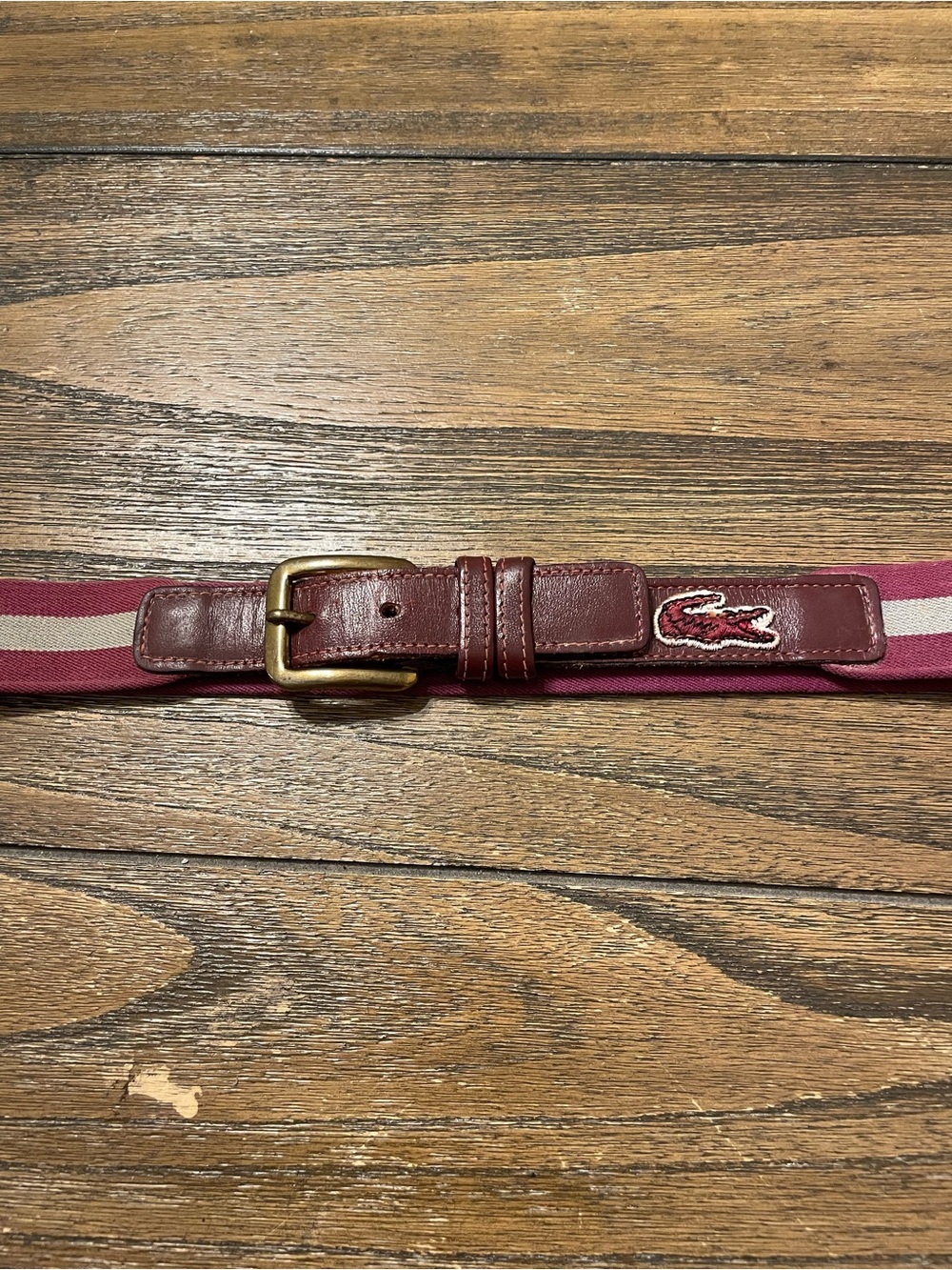Vintage Lacoste Alligator Belt Men's Size 36/90 Brass Buckle Wine Khaki Stretch